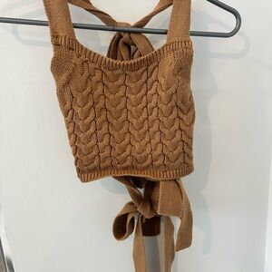 Tan Knit Tie-Back Crop Top